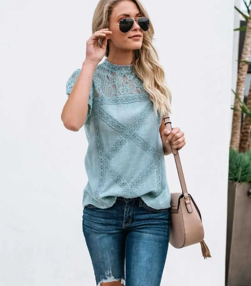 

2020 Spring Summer Hollow Out Tops Lace Elegant Blouse Shirt Women White Blouse