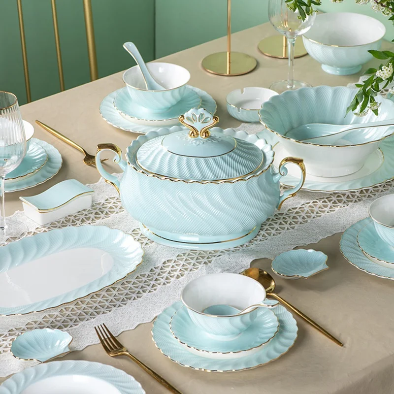 

Simple Fresh Tableware Set Household Bone China Bowl Dish Plate Spoon Soup Pot Toothpick Holder Ashtray, Blue