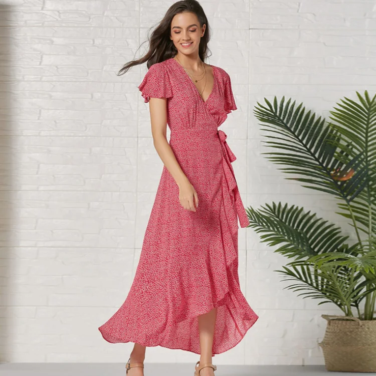 

2022 New summer Hot sale Women Vacation style Long skirt Short sleeve printing Dot Sexy Ladies dress, Picture color