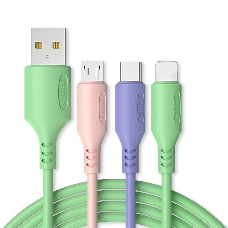 

3 in 1 Liquid silicone Fast Charging Data Cord Cable Multi-function Micro USB Type-C Phone Charger For iPhone 12 Charging Cable, Green+lavender+silt color