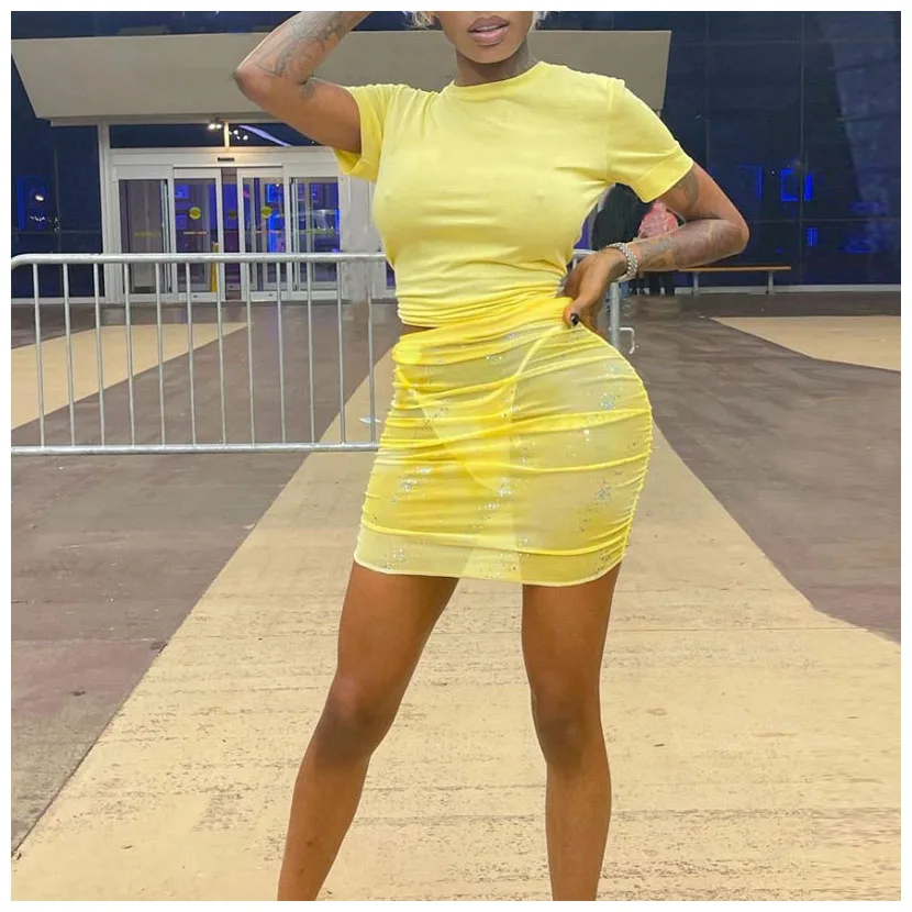 

FS3266D Sexy mesh see through Sequined dress Women Club Outfits 3 Piece Skirt Sets