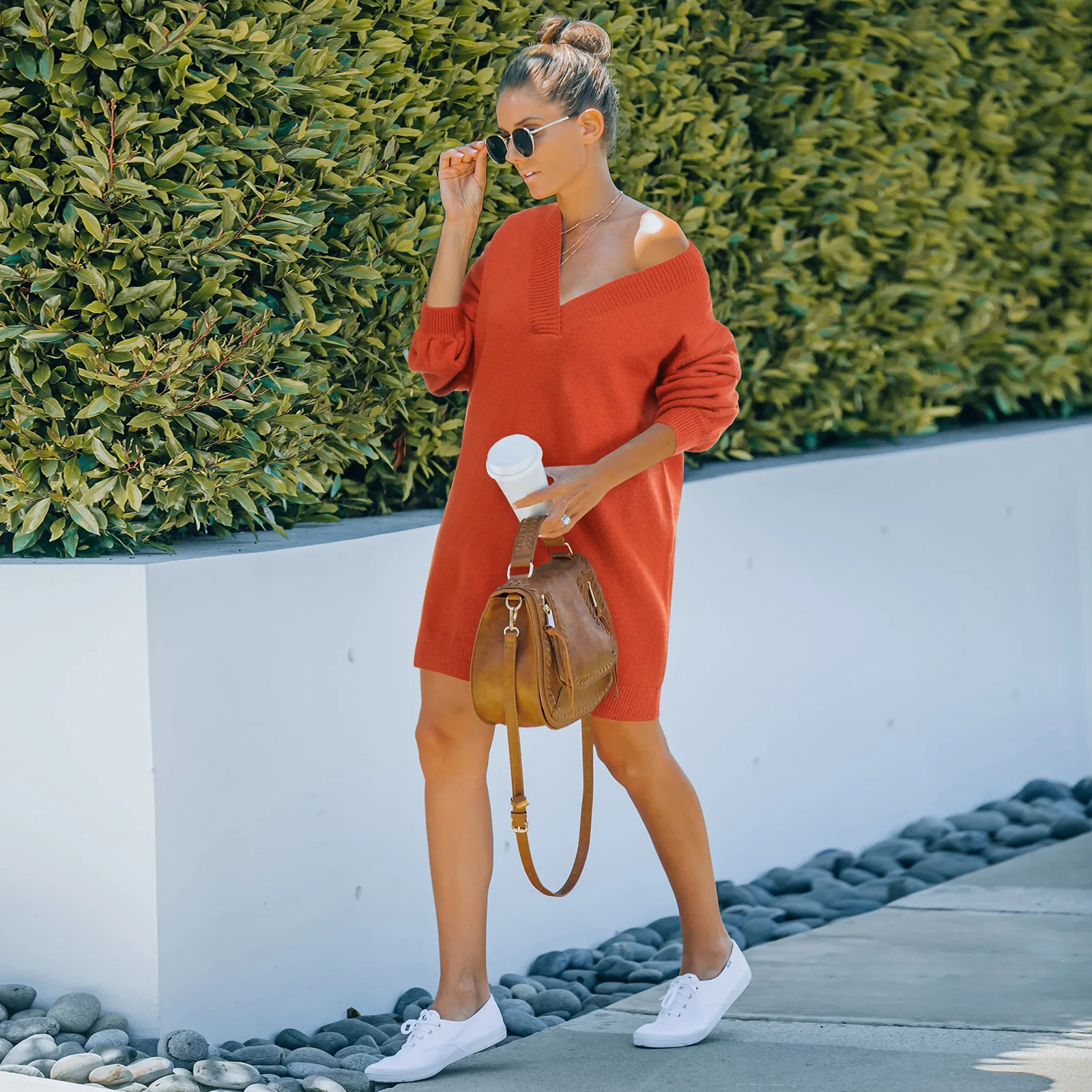 

women's 2021 autumn new fashion V-Neck long sleeve solid color sweater medium length knitted dress, Green