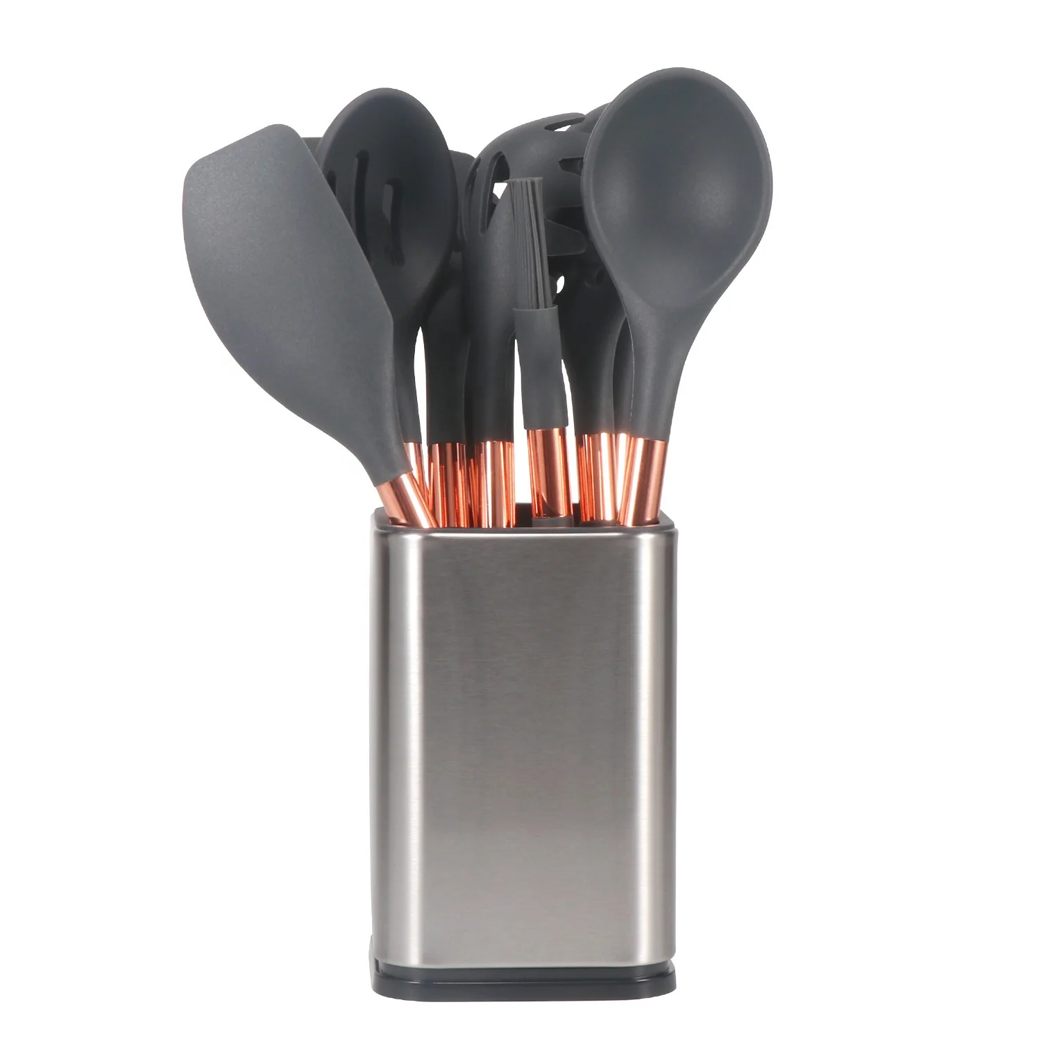 

high quality 10Pcs Silicone Kitchen Utensils With rose gold stainless steel ring and holder Kitchen tools, Black and rose gold