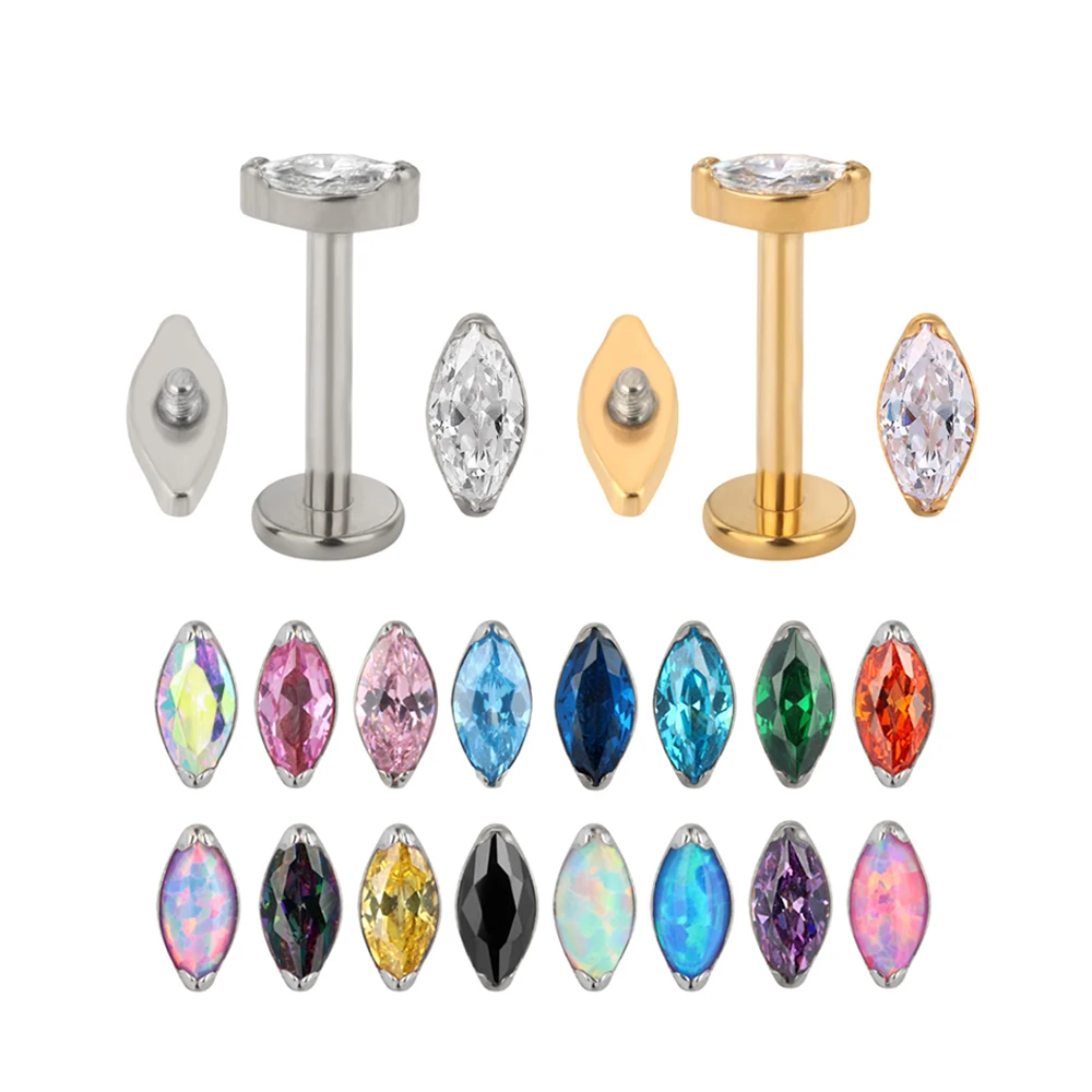 ASTM F136 Titanium Marquise Crystal Blaze Set Fan Top Threaded Labret Piercing Lip Ring Jewelry Wholesale