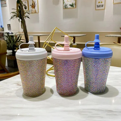

Custom Name Glam Rhinestone Bling Cup Glitter Sublimation Ombre Coffee Tumbler Mug for Creative Holiday Gift, Gold pink blue