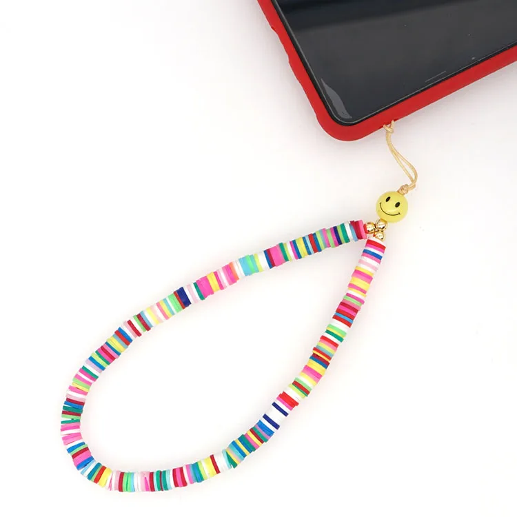 

PC1010 Trendy charm polymer clay disc bead phone chain for women,fashion smiley face ladies chain