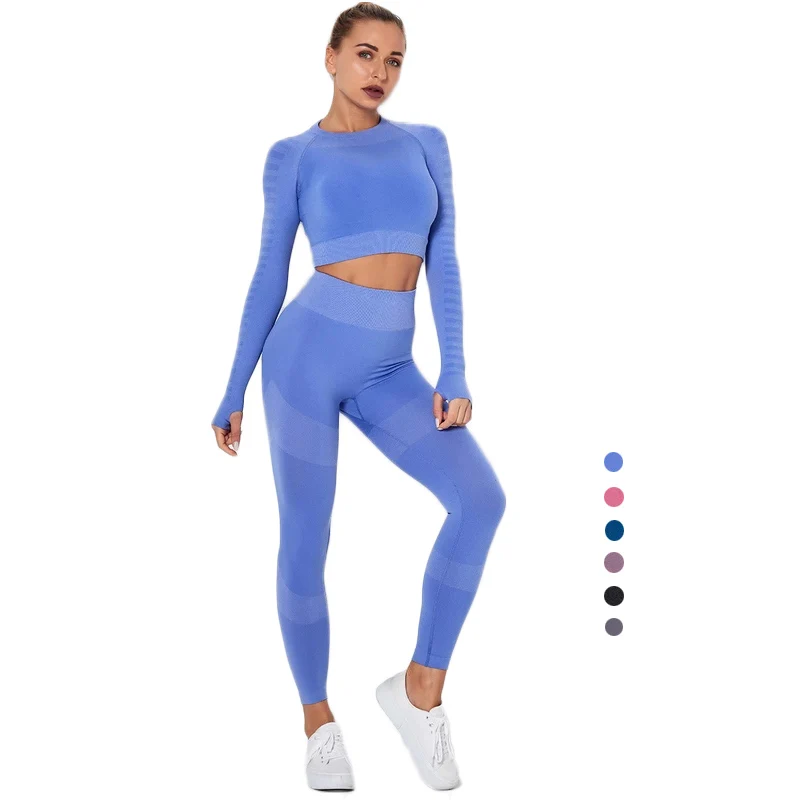

Women Seamless Fitness Tracksuit Two Piece Outfits Suits Long Sleeve Shirts 2021 Long Sleeve Sexy Workout Sets