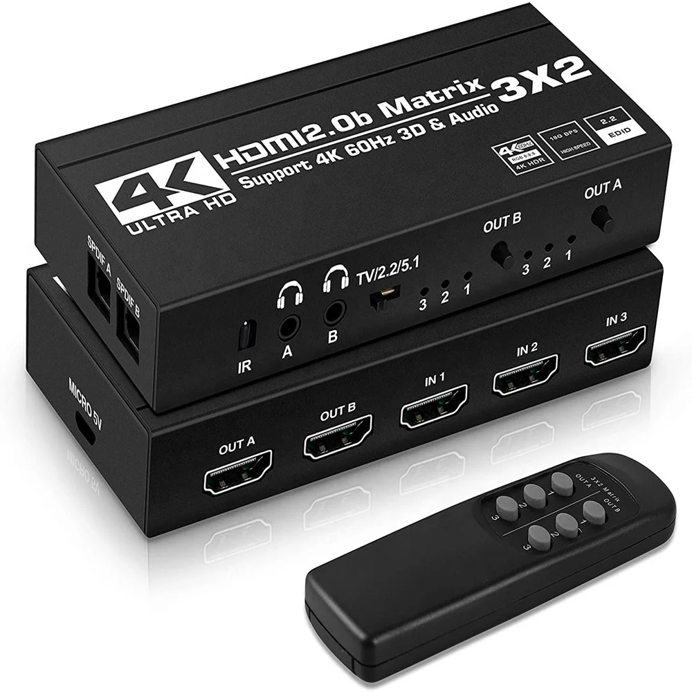 

OZJ5 4K@60Hz 3x2 HDMI Matrix Switcher Audio Extractor 3 in 2 Out HDMI2.0b Matrix Video Switcher Splitter Support HDCP2.2, Black