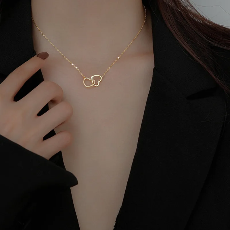 Double Heart Necklace For Women Girls Clavicle Chain Interlocking Hollow Heart Pendant Necklace Engagement Jewelry