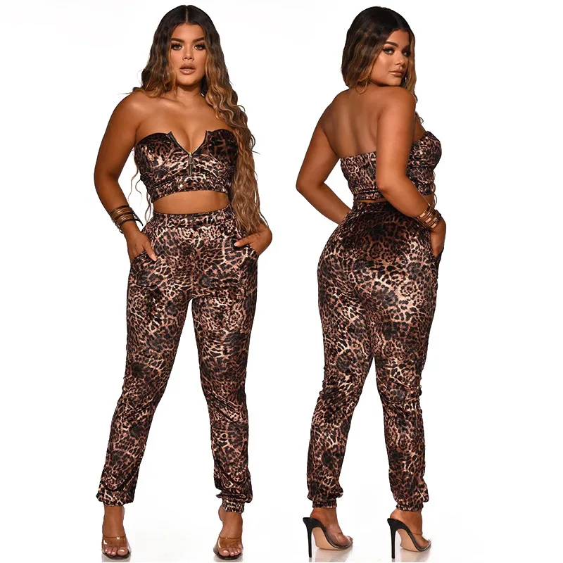 

Ladies Autumn And Winter Leopard Print Two-piece Suit, Strapless Short Zipper Top And Trousers Two-piece Suit
