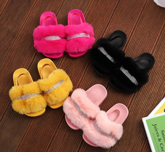 

2021 Newest shoes furry slides slipper faux fur indoor outdoor children shoes kids toddler size babies fur sandals, Can be customized