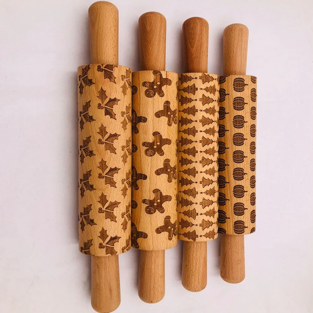 

Exquisite design carve patterns or embossing on woodwork Kitchen accessory rolling pin of wood for dessert, Natural