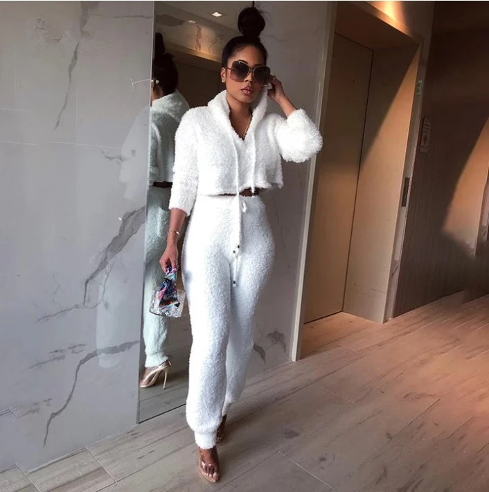 

sweater factory wholesale Womens long sleeve fur crop pant suit short hooded 2 piece sweaters and trousers set