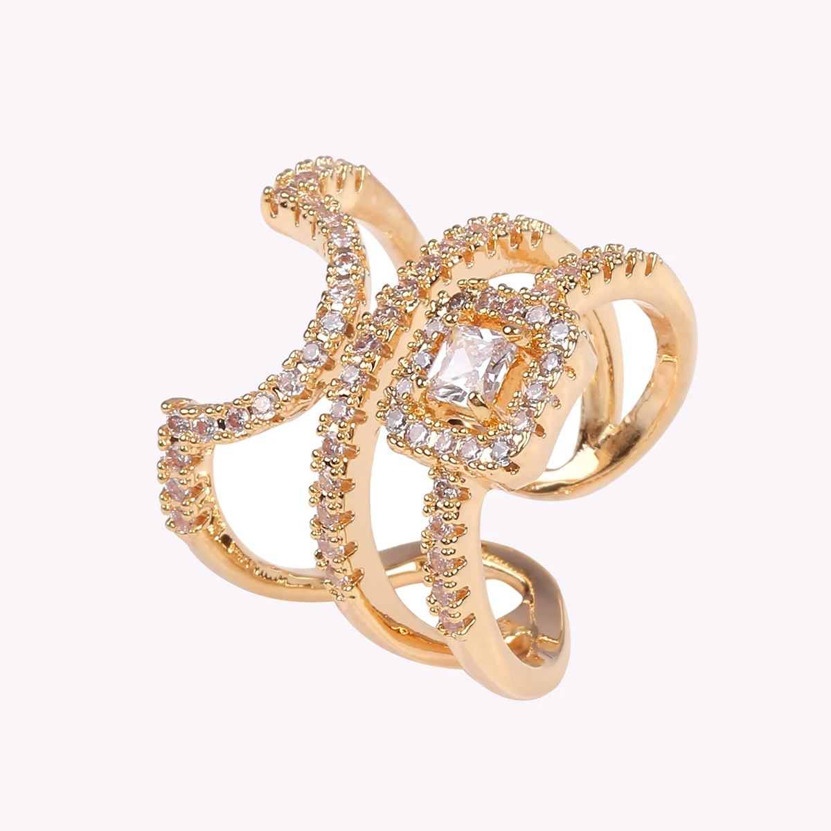 

Factory customized finger accessories jewelry rose gold plated three ring crown diamond nail ring wedding statement zircon ring