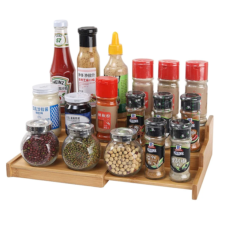 

New product ideas 2021 kitchen 3 tier expandable wooden bamboo spice rack organizer for countertop cabinet, Natural