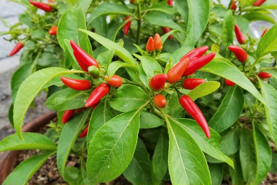 Healthy bush chili plant producing abundant red and green peppers in a container garden