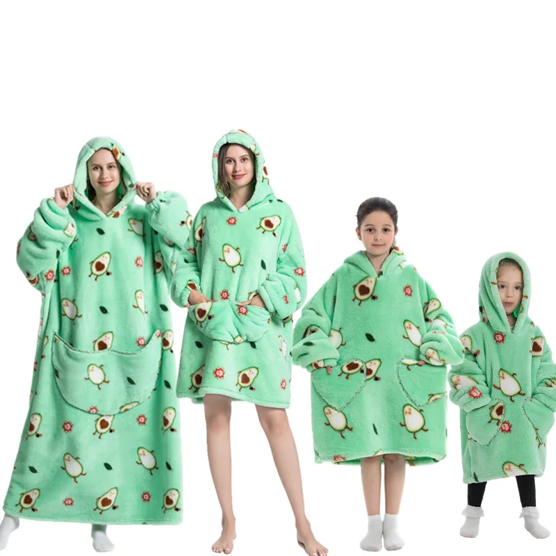 Women's Oversized Hoodie Pajamas Set Winter Flannel Fleece Blanket Giant Pocket Family Composite Warm Clothing Lazy TV Wearable
