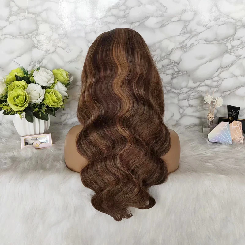 Pre-plucked hair line piano brown wigs human hair lace front  color body wave lace front wigs highlight human hair wig