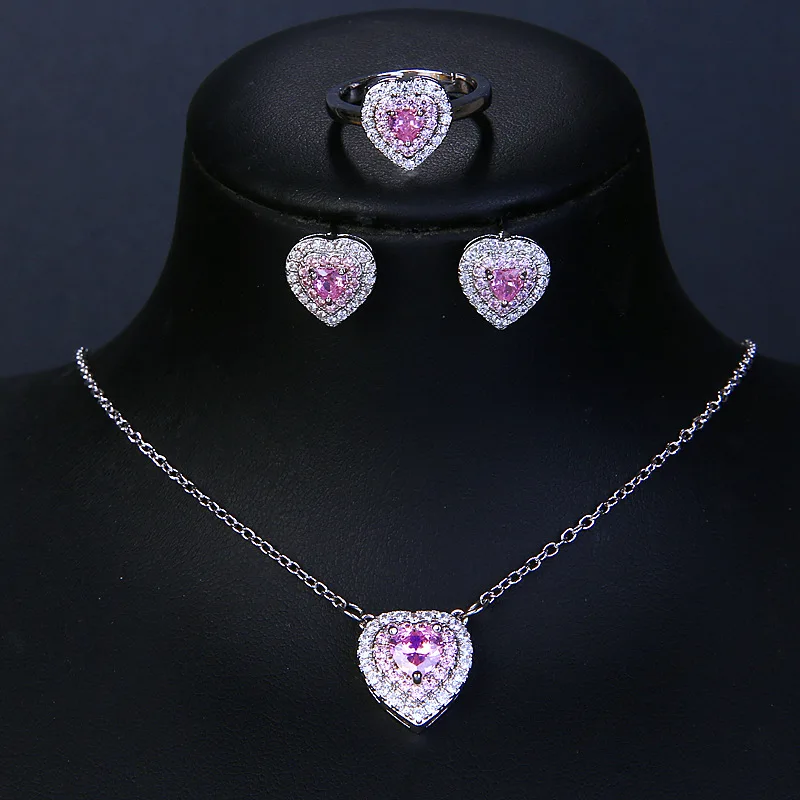 

3pcs/set Zircon necklace pink heart ring stud earrings women's jewelry set