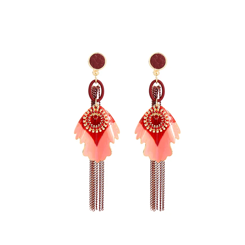 

ed02079d Victorian Ethnic Fashion Jewelry Gold Chains Tassel Red Embossed Leather Crystal Women Party Wear Clip On Earrings