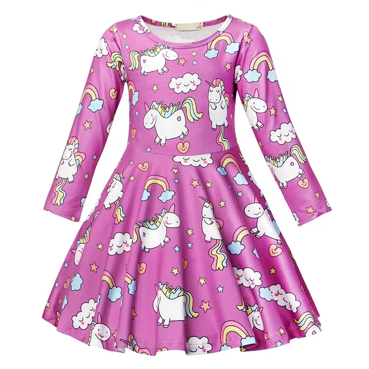 

Hot-selling spring and autumn girl dresses Cute unicorn princess dress 4-9 years old girls long-sleeved pony print A-line skirt, Rose red