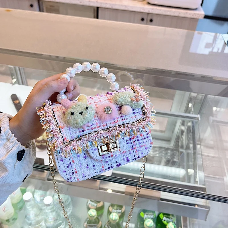 

Wholesale 2021 Kid jelly PU Cross Chain Shoulder Kids Bag Pearl Handle Coin Handbag Little Girls Purses and Handbags
