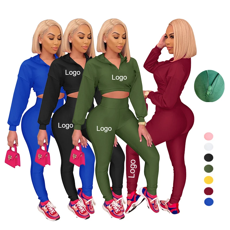 

Fall Custom Logo Yoga Wear 1/4 Zip Crop Pullover Legging Jogger Sweatsuit Long Sleeve Fitness Women Clothing 2 Piece Set, As picture