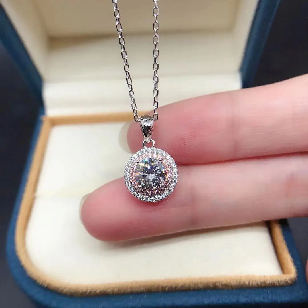 

925 silver gold plated 1ctt DEF pink diamond moissanite full pave diamond necklace for female