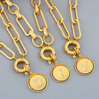 

Hot Sale Hiphop Gold Plated Copper Paperclip Chain Necklaces Colorful Zircon Charms Initial Necklaces For Women Fashion Jewelry