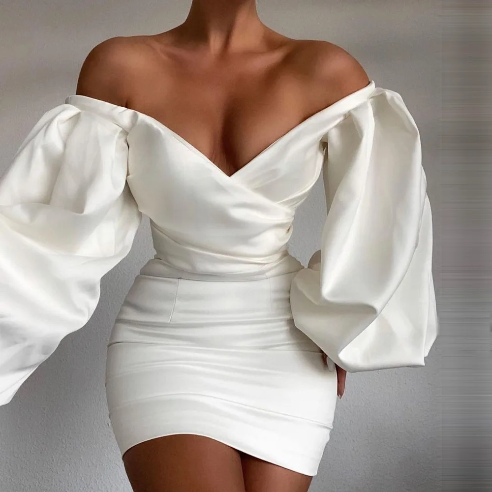

B54196A Lady lantern sleeve fashion v neck party wear sexy dress, White