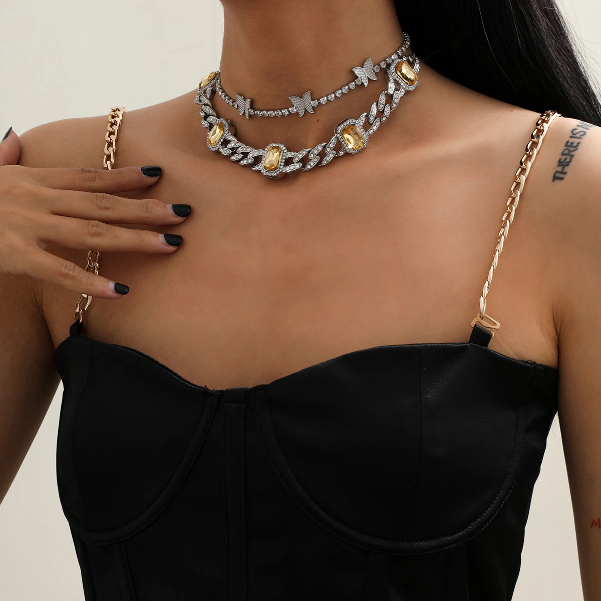 

SHIXIN Hip hop Silver Iced out Choker Collars Yellow Jewelry Gem Stone Cuban Link Chain Necklace Cubic Zirconia Female Necklace