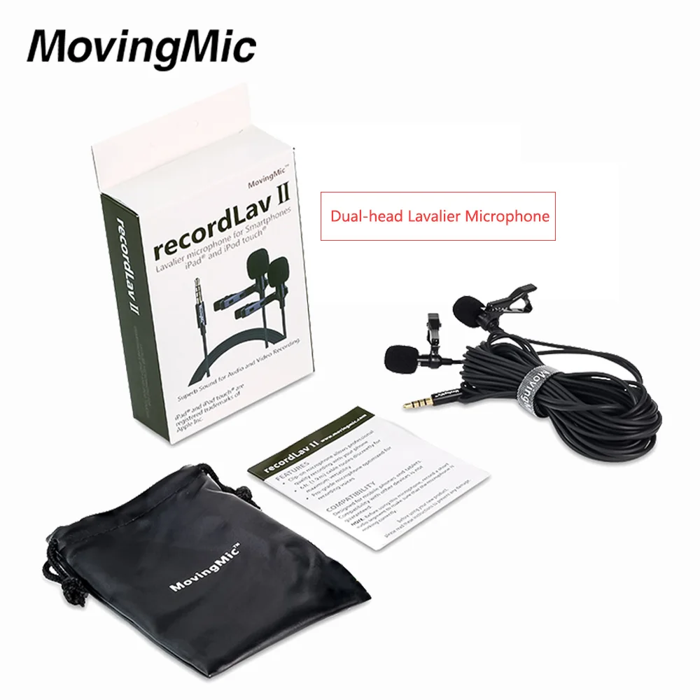 

Movingmic 3.5mm Dual Lavalier Collar Clip Microphone for iPhone iPad, Black