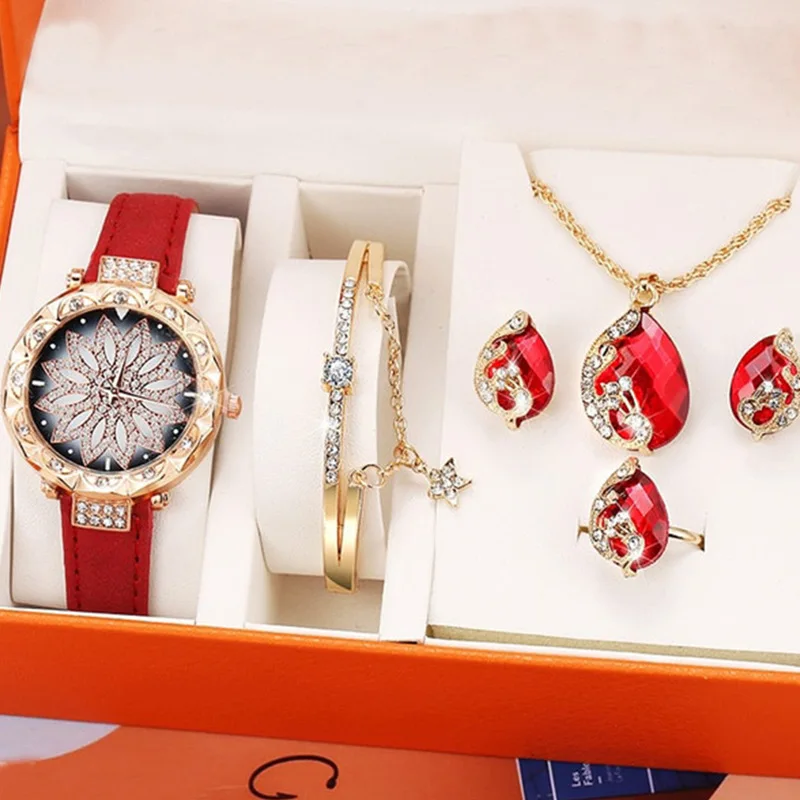 

2022 Ladies Watch Casual Quartz Wristwatch Set Luxury Women Watches Crystal Bracelet Stud Earring Necklace Set, Picture shows