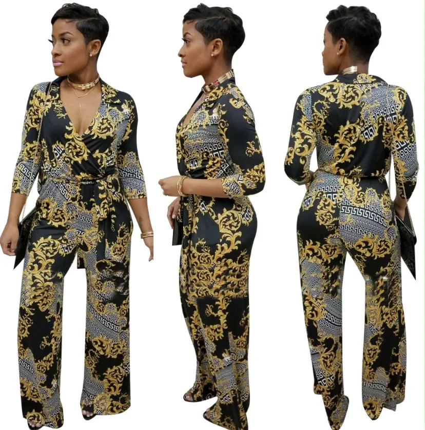

Glamest V-neck ethnic print fashion jumpsuit fr ladies half-sleeve jumpsuit loose plus size women's clothing