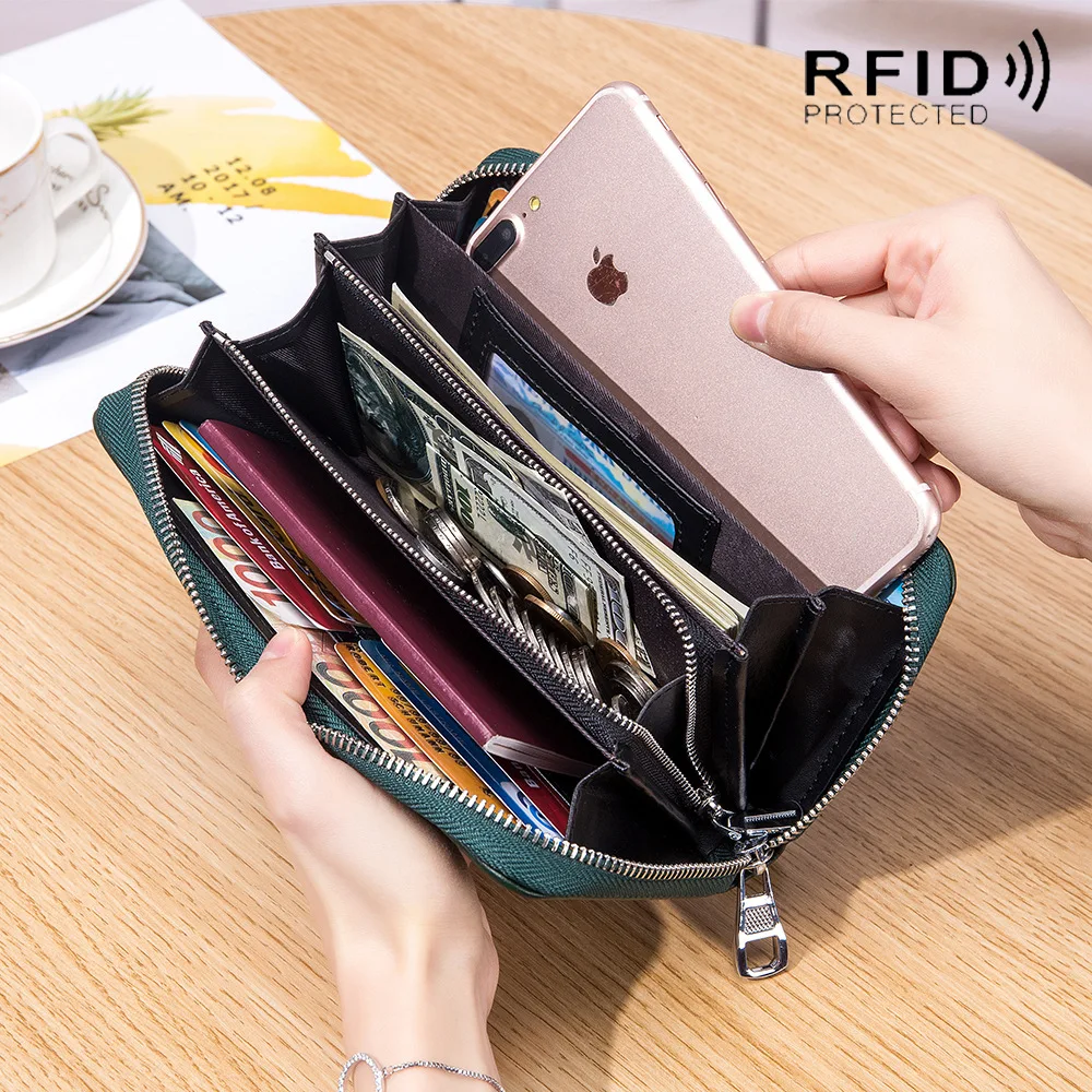 

Fashion Ladies Long Wristlet Wallet Zip Around Women Wallet RFID Blocking Leather Wallet for Women, Customized color