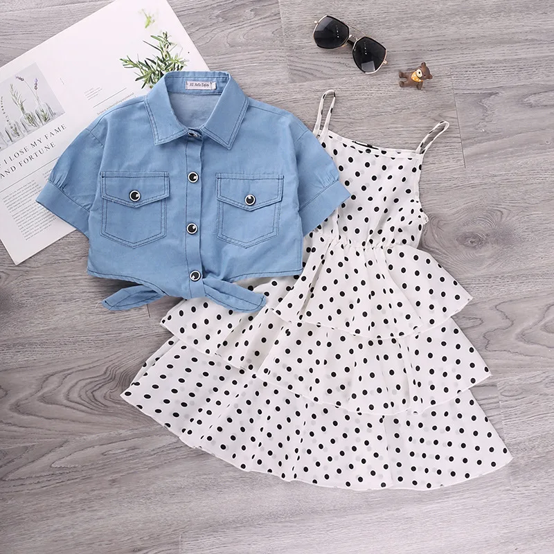 

Girls Clothes Children Costume Denim Shirt Polka Dots Skirt Baby Kids Summer Dresses, As picture