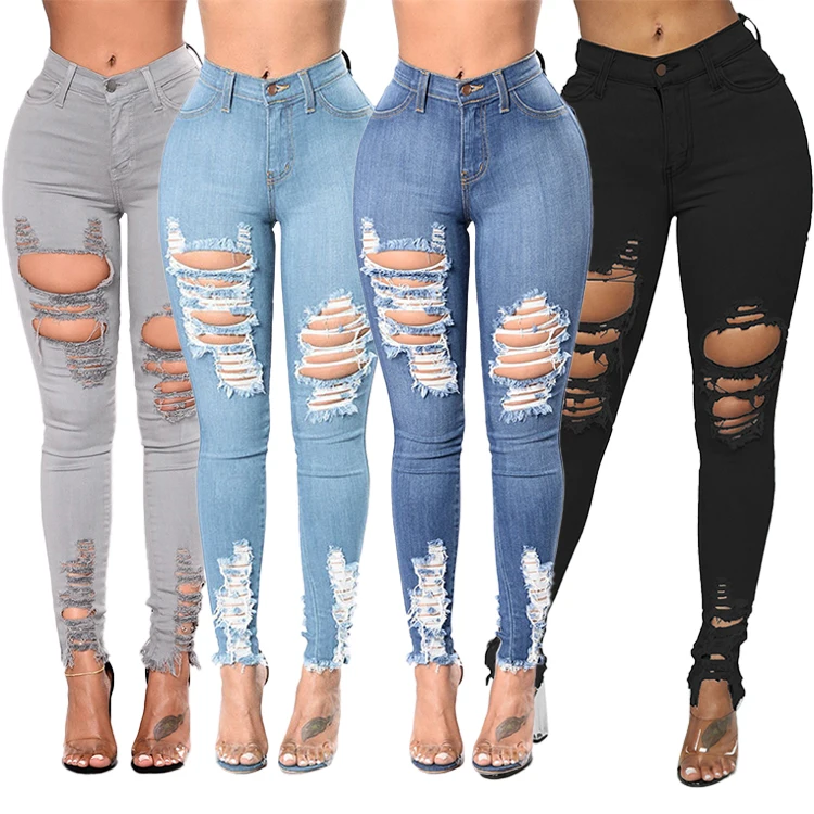 

High Quality Fashion Design High Waisted Solid Color Jeans Skinny Ripped Hole Slim Denim Pants Stretchy Jean Women