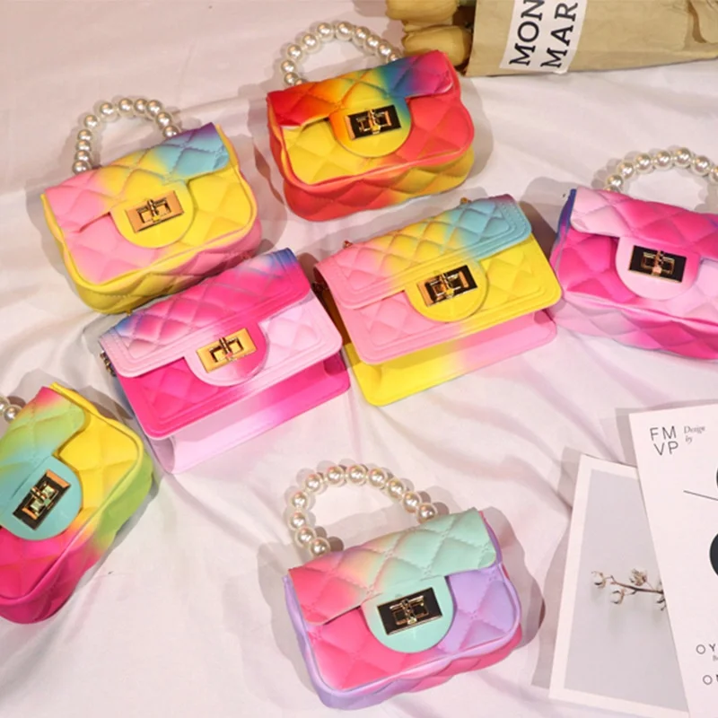 

New Arrival Mini Pearl Handbag Chain Crossbody Bag Candy Rainbow PVC Small Coin Purse Jelly Bag For Girl, Custom colors