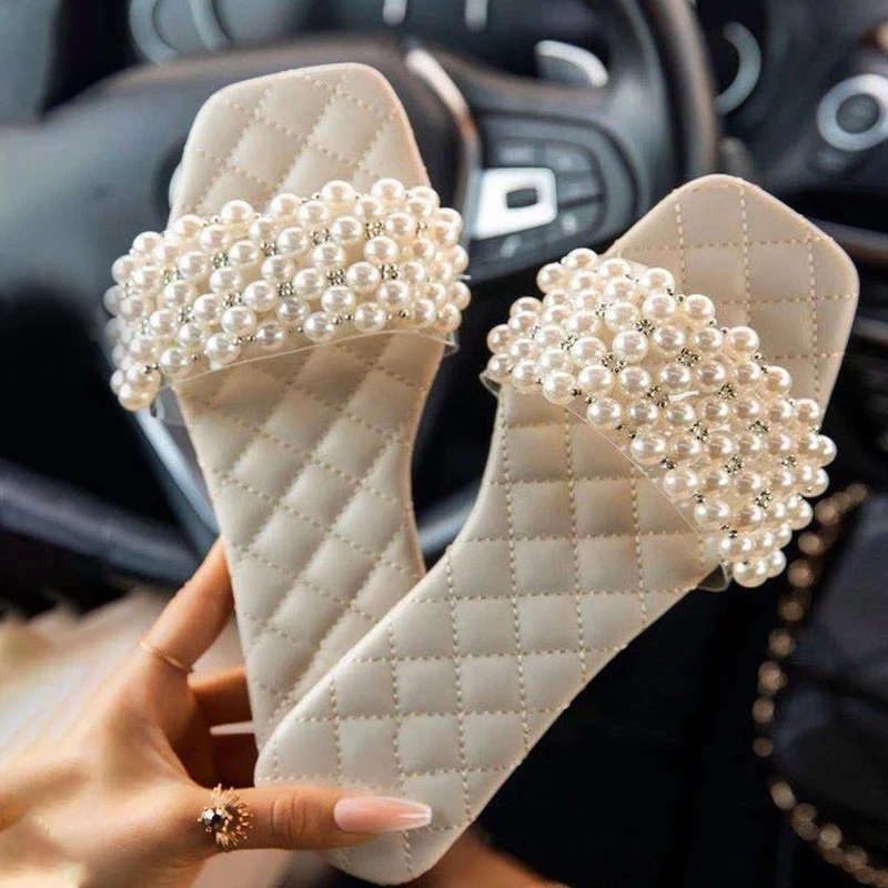 

Women Slipper Fashion Square Toe Bead String Flat Comfortable Female Summer Sandals Slides Open Outside Sweet 2021 New Solid