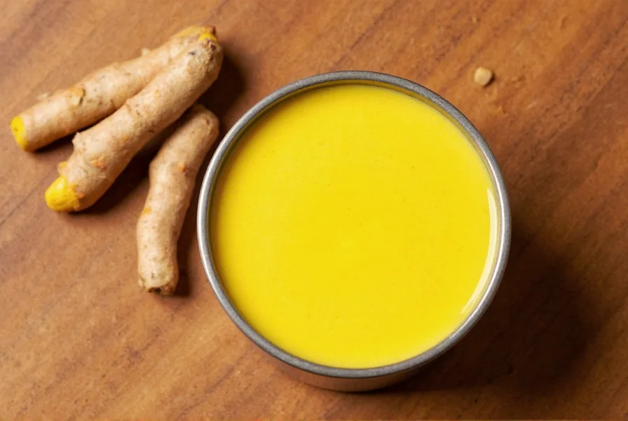 Golden turmeric milk in ceramic mug with turmeric root and black pepper