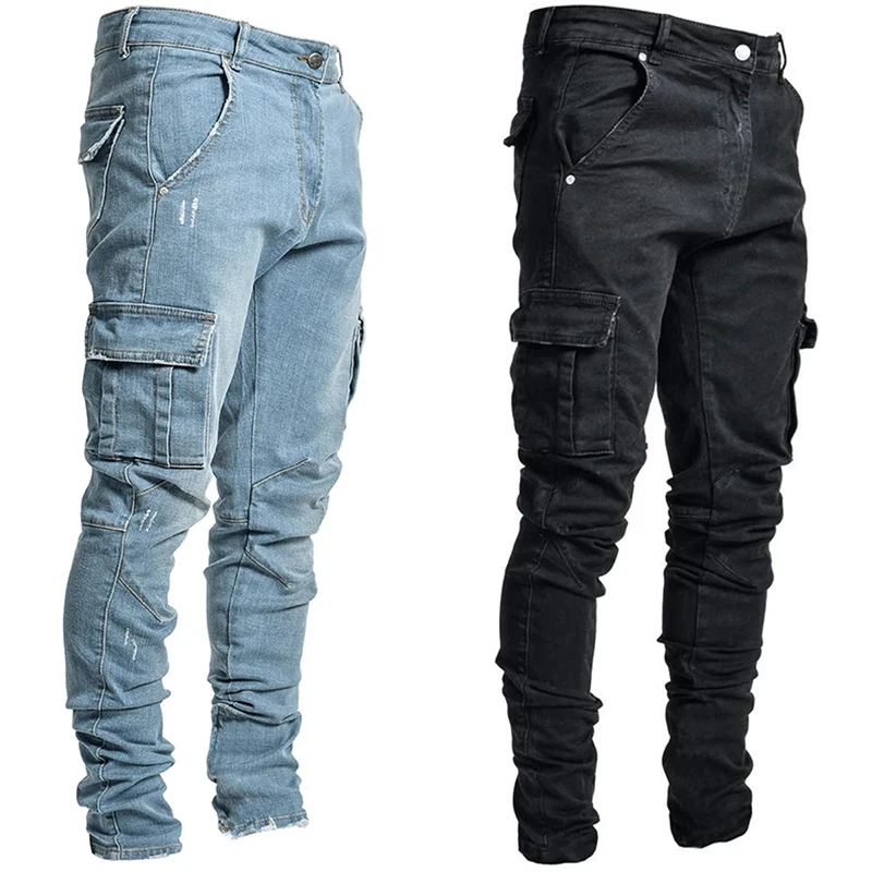 

Hot sale men fashion casual pockets cargo trousers wholesale men's slim fit skinny denim jeans pants, Light blue,black