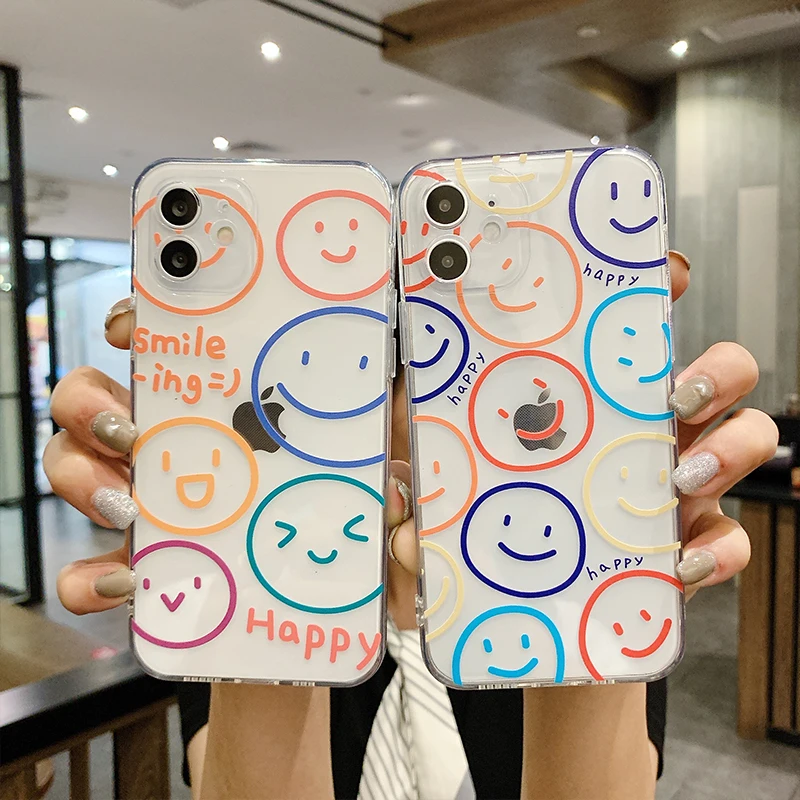 

Happy smile face socket frosted transparent phone case for iphone 12 11 pro se 6s 7 xr xs shockproof, 2 colors