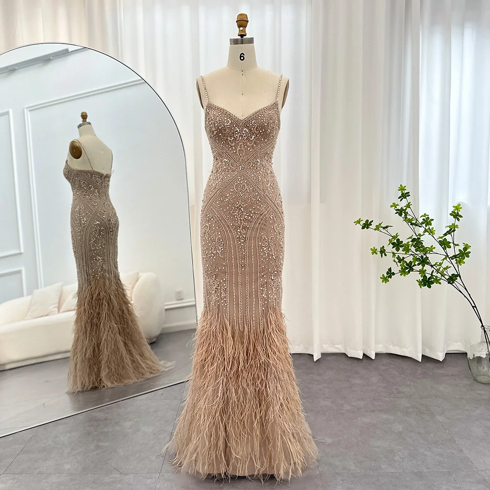 

Scz089 Luxury Feathers Champagne Evening Dresses For Women Wedding Spaghetti Straps Mermaid Long Party Prom Dresses