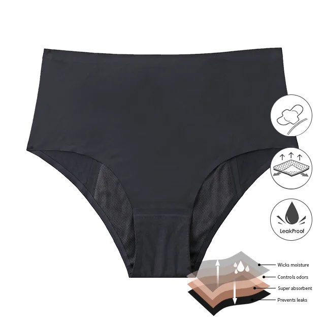 

A1129 Seamless 4 layers Leak proof Menstrual High Waist Period Panties Washable Anti-microbial Mesh Incontinence Period Panty, Black