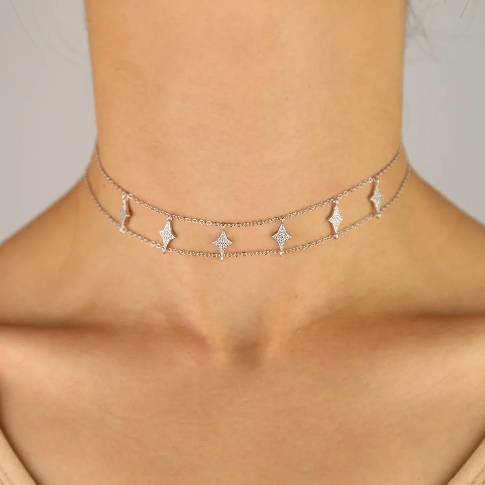 

Starburst cz star charm double chain choker necklace 100% 925 sterling silver fine jewelry for women