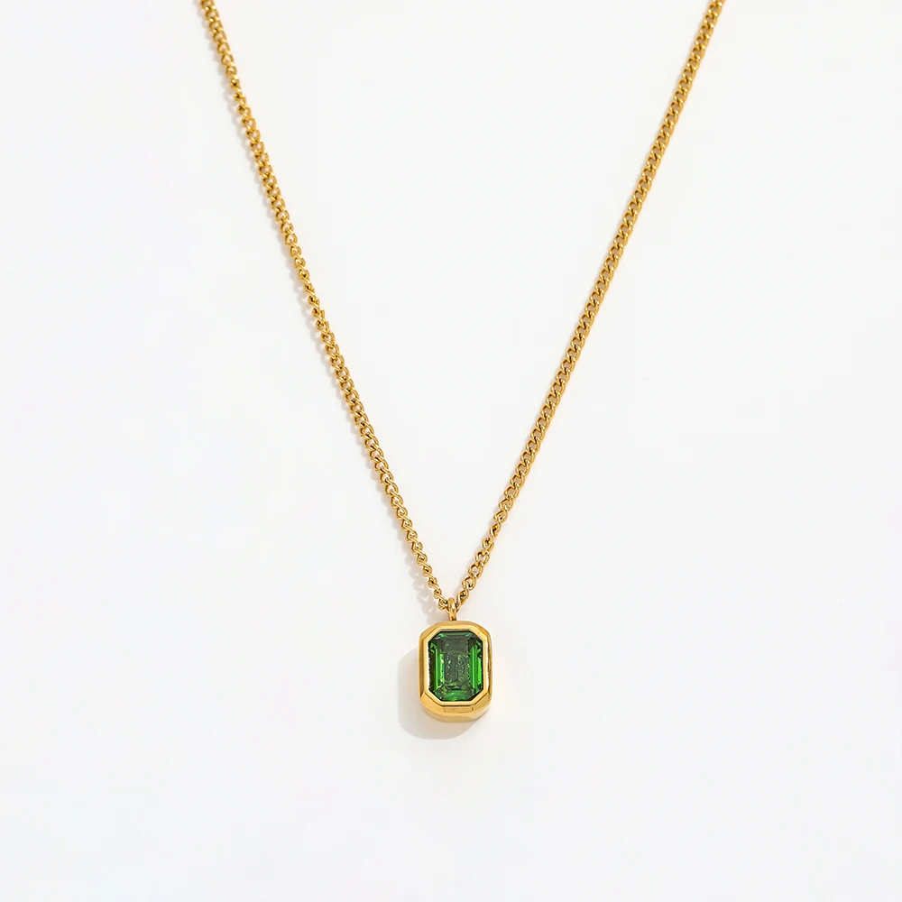 Joolim Jewelry 18K Gold Plated Green Zirconia Pendant Necklace Curb Chain Necklace Trendy Stainless Steel