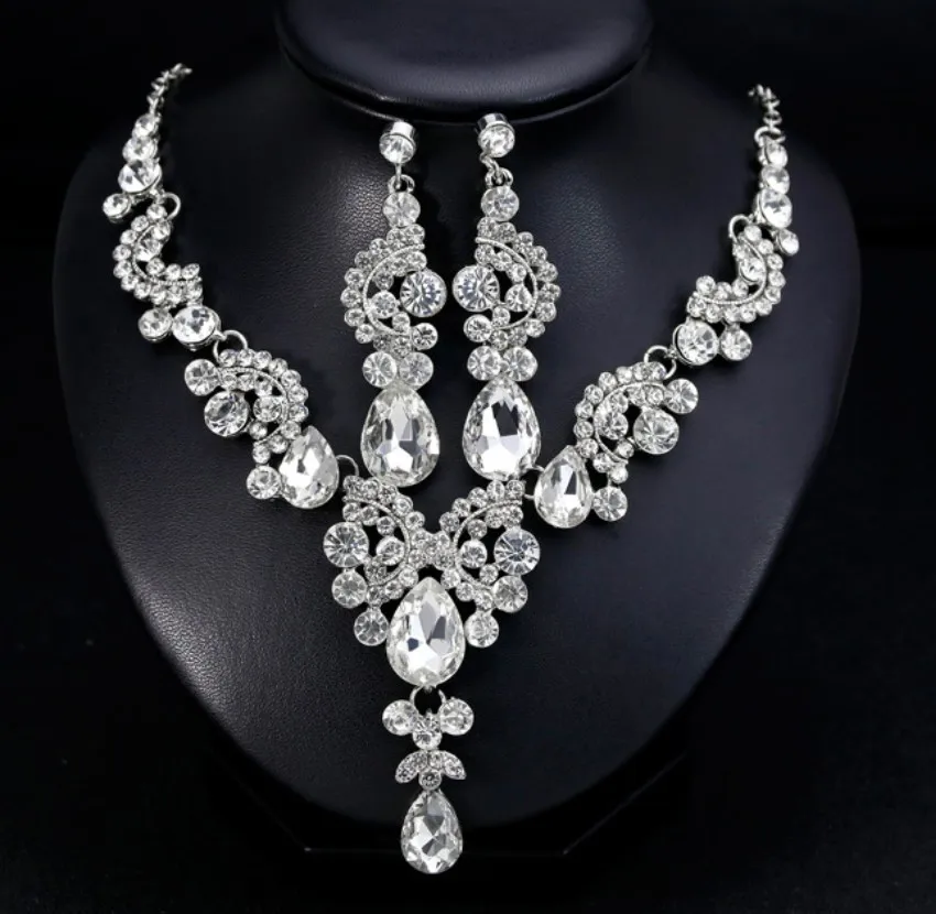 

Luxury Water Drop Colorful Rhinestone Crystal Necklace Earring Set Elegant Bridal Wedding Jewelry Set Gold Plated Jewelry