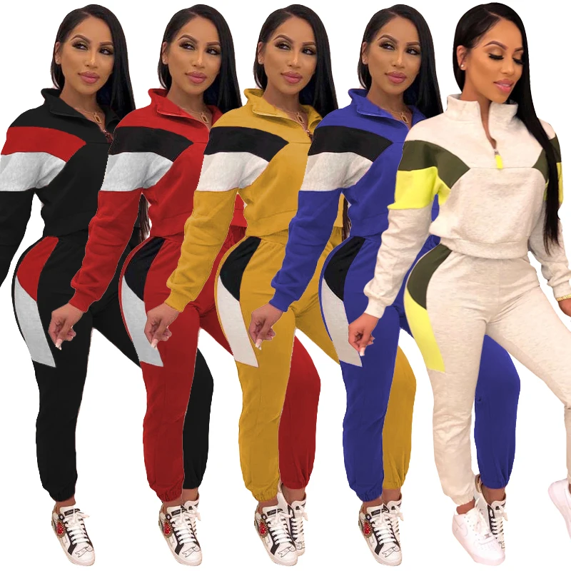 

5 colors Latest design women sport wear V-neck zipper fleece patchwork jogger pants two-piece set tracksuit FM-6334, As pictures