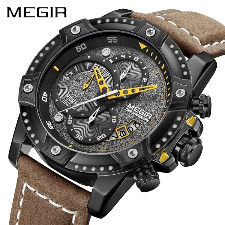 

MEGIR 2130 Men Watches Unique Car Drive Design Casual Quartz Casual Leather Strap Clock Ultra Thin Gift Business WristWatch