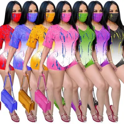 

F21362A 2020 new summer Women's casual home suit with fashion gradient tie-dye women set, Red , blue , orange , pink , green , purple , black